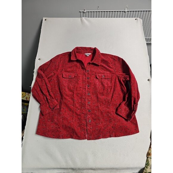 CJ Banks Tops - CJ Banks‎ 2XL red floral corduroy long sleeve Button Down Cottage Core Granny